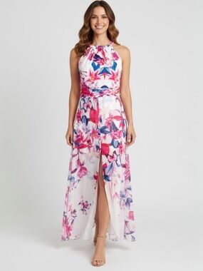 VENUS XS White Chiffon Floral Butterfly Print Halter Dress